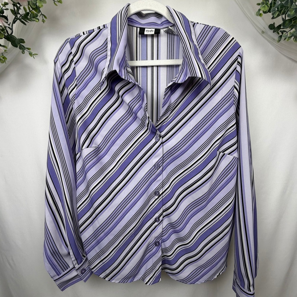 Studio 1940 Purple Striped Button Up Blouse Long Sleeve XL Office Workwear